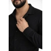 Erkek Waffle Kumaş Uzun Kollu Düğmeli Açık Yaka Regular Fit Gömlek - Siyah