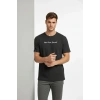 Erkek Wafıl Kumaş Tişört Regular Kalıp Bisiklet Yaka Baskılı Günlük Basic T-Shirt - Siyah