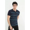 Erkek Yakalı Slim Fit Pike Çizgili T-Shirt - Lacivert