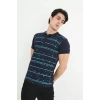 Erkek Yakalı Slim Fit Pike Çizgili T-Shirt - Lacivert