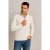Erkek Yarım Fermuarlı Triko Kazak – Selanik Örgü, Dik Yaka, Pamuklu Dokuma, Regular Fit Uzun Kollu Kışlık Model - Beyaz