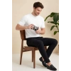Erkek Yazlık Fitilli Triko Tişört Kısa Kol Bisiklet Yaka T-Shirt - Beyaz