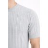 Erkek Yazlık Fitilli Triko Tişört Kısa Kol Bisiklet Yaka T-Shirt - Gri