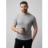 Erkek Yazlık Triko Dokuma Tişört Kısa Kol Bisiklet Yaka Örgü Desenli T-Shirt - Gri
