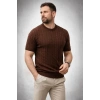 Erkek Yazlık Triko Dokuma Tişört Kısa Kol Bisiklet Yaka Örgü Desenli T-Shirt - Kahverengi