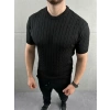 Erkek Yazlık Triko Dokuma Tişört Kısa Kol Bisiklet Yaka Örgü Desenli T-Shirt - Siyah