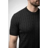 Erkek Yazlık Triko Dokuma Tişört Kısa Kol Bisiklet Yaka Örgü Desenli T-Shirt - Siyah