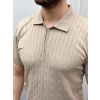 Erkek Yazlık Triko Saç Örgü Tişört Kısa Kol Polo Yaka Fermuarlı T-Shirt - Bej