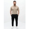 Erkek Yazlık Triko Saç Örgü Tişört Kısa Kol Polo Yaka Fermuarlı T-Shirt - Bej