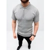 Erkek Yazlık Triko Saç Örgü Tişört Kısa Kol Polo Yaka Fermuarlı T-Shirt - Gri