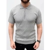 Erkek Yazlık Triko Saç Örgü Tişört Kısa Kol Polo Yaka Fermuarlı T-Shirt - Gri