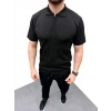 Erkek Yazlık Triko Saç Örgü Tişört Kısa Kol Polo Yaka Fermuarlı T-Shirt - Siyah