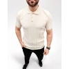 Erkek Yazlık Triko Tişört Kısa Kol Polo Yaka Düğmeli T-Shirt - Krem