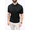 Erkek Yazlık Triko Tişört Kısa Kol Polo Yaka Düğmeli T-Shirt - Siyah
