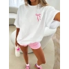 Fiyonk Baskılı Oversize Bisiklet Yaka T-shirt - Beyaz