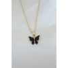Gold Kaplama Siyah Renkli Sedefli Kelebek Kolye