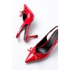 İNF-4500 Kırmızı Rugan Günlük Arkası Açık Fiyonklu Topuklu Bayan Ayakkabı