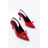 İNF-4500 Kırmızı Rugan Günlük Arkası Açık Fiyonklu Topuklu Bayan Ayakkabı