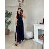 Kadın Arkadan çapraz Detay Yuvarlak Yaka Maksi Viskon Elbise
