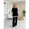 Kadın Kısa Kollu Bisiklet Yaka çift Renk şerit Detaylı Viskon Iki Iplik Bluz Ve Pantolon Ikili Takım