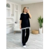 Kadın Kısa Kollu Bisiklet Yaka çift Renk şerit Detaylı Viskon Iki Iplik Bluz Ve Pantolon Ikili Takım