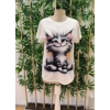 Kadın Kısa Kollu Bisiklet Yaka Kedi Baskılı Süprem Bluz