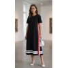 Kadın Kısa Kollu Bisiklet Yaka Yan şerit Detaylı Midi Viskon Elbise