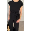 Kadın Kısa Kollu Bisiklet Yaka Yandan Bağlamalı Bürümcük Bluz Ve Pantolon Ikili Takım