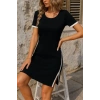 Kadın Kısa Kollu Bisiklet Yaka Yandan Yırtmaçlı Renkli şerit Detay Janjan Krep Elbise