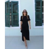 Kadın Kısa Kollu Bisiklet Yakalı Yandan Yırtmaçlı Büzgülü Janjan Krep Elbise