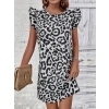 Kadın Kısa Kollu Kolları Fırfır Detay Arkası Bağlamalı Leopar Desen Kolsuz Mini Mikro Elbise