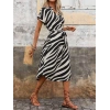 Kadın Kısa Kollu V Hakim Yakalı Zebra Desenli Midi Süprem Elbise