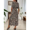 Kadın Kısa Kollu V Yakalı Beli Lastikli Yırtmaçlı Uzun Leopar Desenli Süprem Elbise
