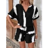 Kadın Kısa Kollu V Yakalı Desenli Bluz Ve Short Ikili Süprem Takım