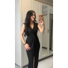 Kadın Kısa Kollu V Yakalı önü Sarmal Detaylı Yırtmaçlı Sandy Midi Elbise