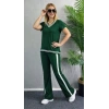 Kadın Kısa Kollu V Yakalı Viskon Iki Iplik Bluz Ve Pantolon Ikili Takım
