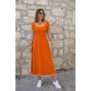 Kadın Kısa Kollu Yuvarlak Yakalı Yakası Renkli Kiloş Midi Viskon Elbise