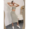 Kadın Kolsuz Askılı Crop Yırtmaçlı Midi Etek Fitilli Kaşkorse Takım