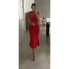 Kadın Kolsuz Omuzlardan Taş şerit Detaylı Midi Janjan Krep Elbise