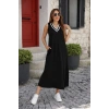 Kadın Kolsuz V Ribana Yakalı Cepli Uzun Viskon Iki Iplik Elbise