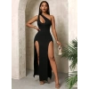 Kadın Tek Omuzdan Açık Damla Detaylı Yırtmaç Detaylı Uzun Janjan Krep Elbise