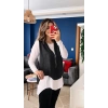 Kadın Uzun Kol Asimetrik Kesim Viskon Bluz Ve çatlak Deri Görünümlü Fermuar Detaylı Yelek Ikili Takım