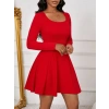 Kadın Uzun Kollu Kare Yakalı Mini Ithal Krep Elbise