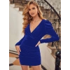 Kadın Uzun Kollu Kruvaze Yaka Yanlardan Büzgülü Kadife Elbise