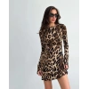 Kadın Uzun Kollu Sırtı Açık Bağlamalı Leopar Desenli Kısa Dalgıç Elbise