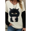 Kadın Uzun Kollu V Yakalı Kedi Baskılı şardonlu Dalgıç Bluz