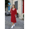 Kadın Uzun Kollu V Yakalı Yandan Yırtmaçlı Iki Iplik Midi Elbise