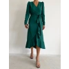 Kadın Yeşil Krep Kumaş Midi Boy Kuşaklı Uzunkol Elbise