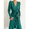 Kadın Yeşil Krep Kumaş Midi Boy Kuşaklı Uzunkol Elbise