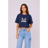 Kedi Baskılı Oversize Crop Tişört Salaş Basic Yarım Kol T-shirt - Lacivert